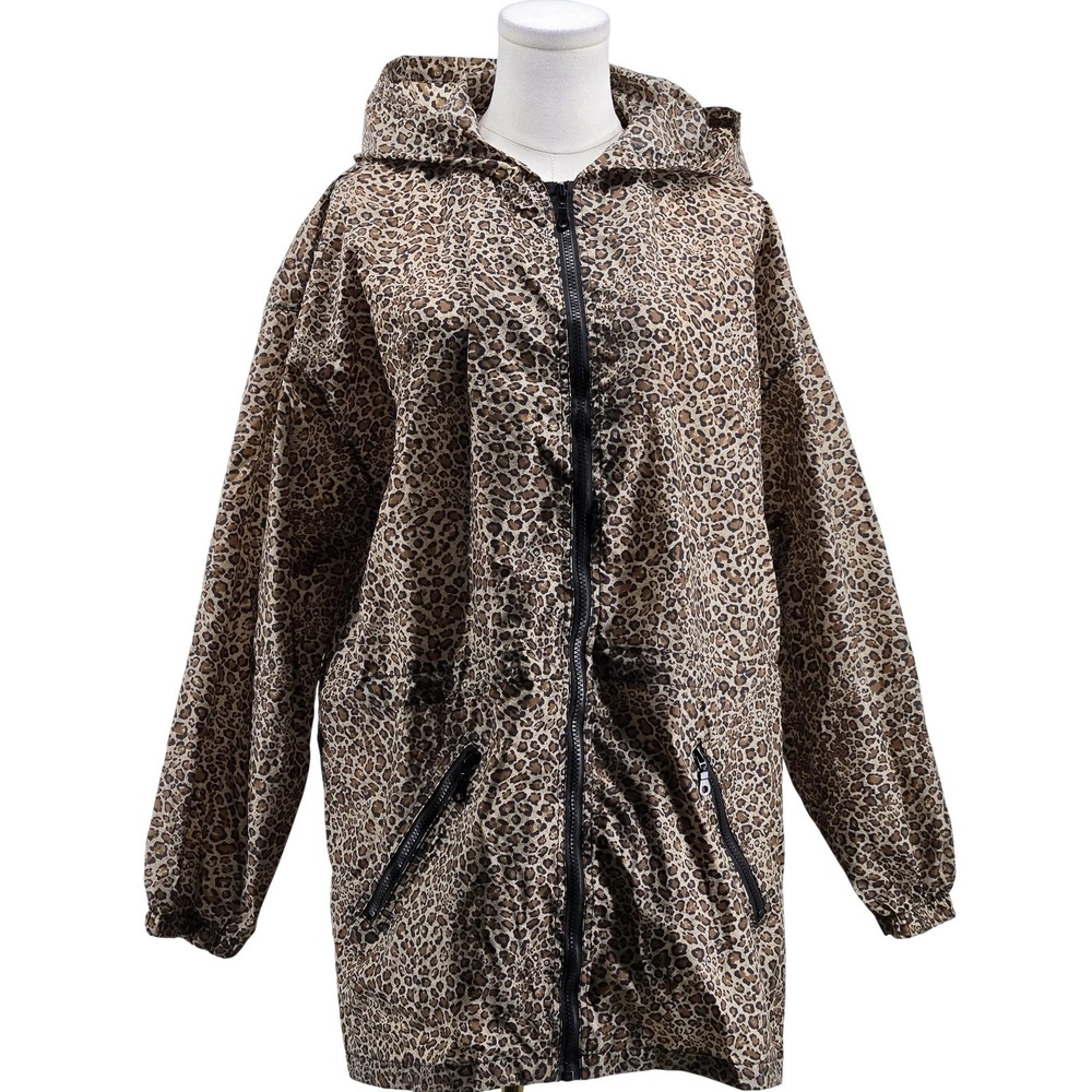 ShedRain Jacket‎ Womens M/L Brown Animal Print Rain Coat Hooded Pockets Full Zip